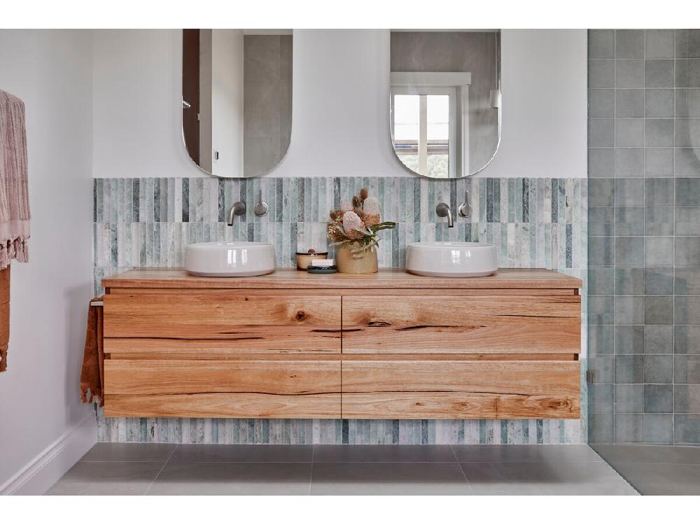 Reece Kado Arc Timber Twin Drawer 1800mm Double Bowl Vanity Unit Timber Top Australian Chestnut