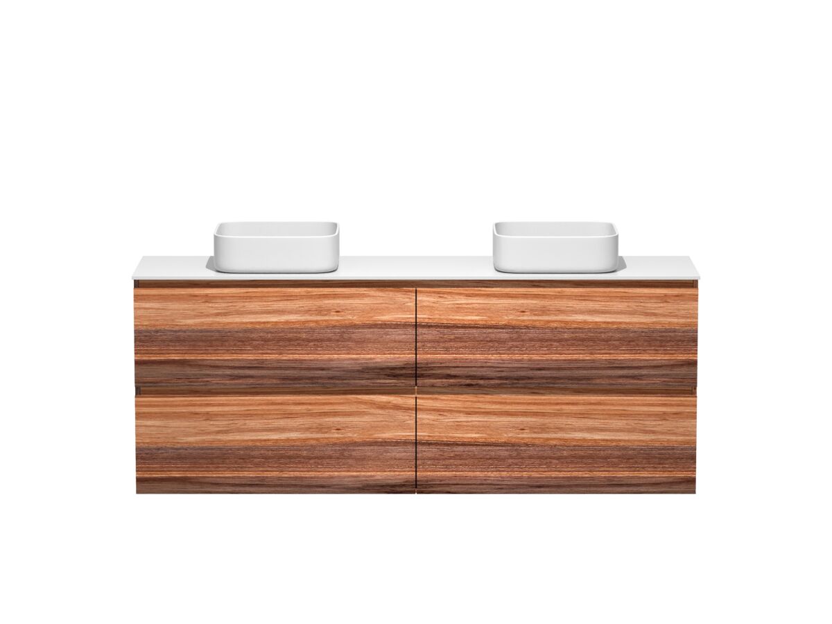 reece Kado Arc Timber Twin Drawer 1800mm Double Bowl Vanity Unit Corian Top Red Tulip