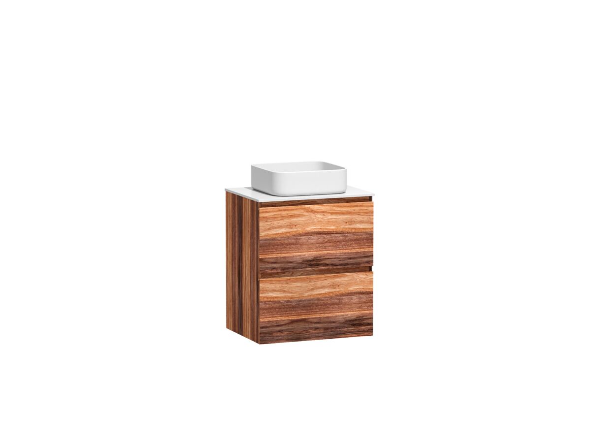 Reece Kado Arc Timber Twin Drawer 600mm Vanity Unit Corian Top Red Tulip