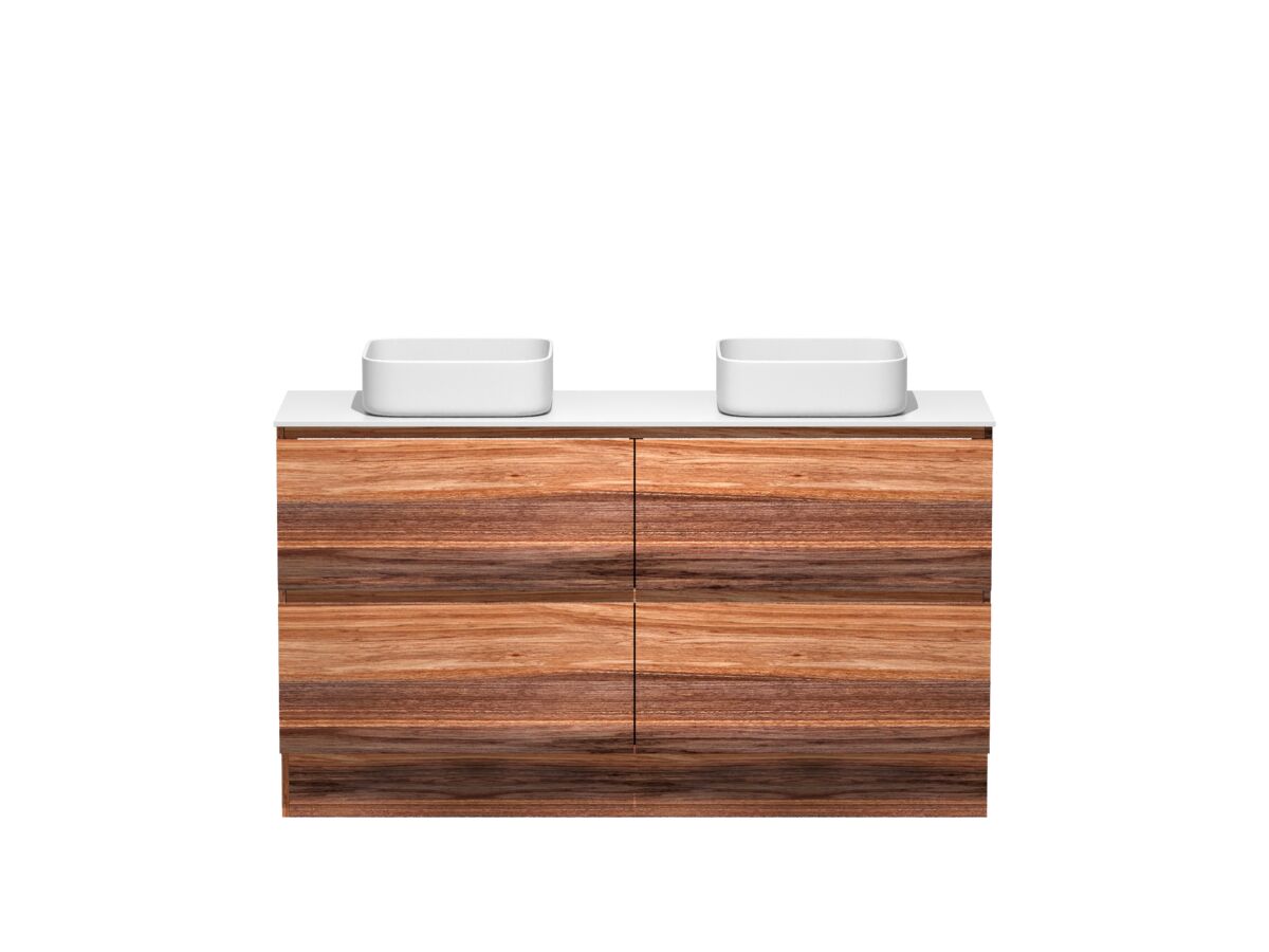 reece Kado Arc Timber Vanity Unit with Kick 1500mm Double Bowl Corian Top Red Tulip