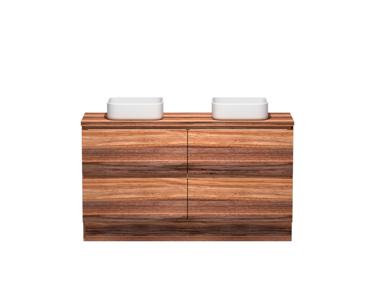 reece Kado Arc Timber Vanity Unit with Kick 1500mm Double Bowl Timber Top Red Tulip