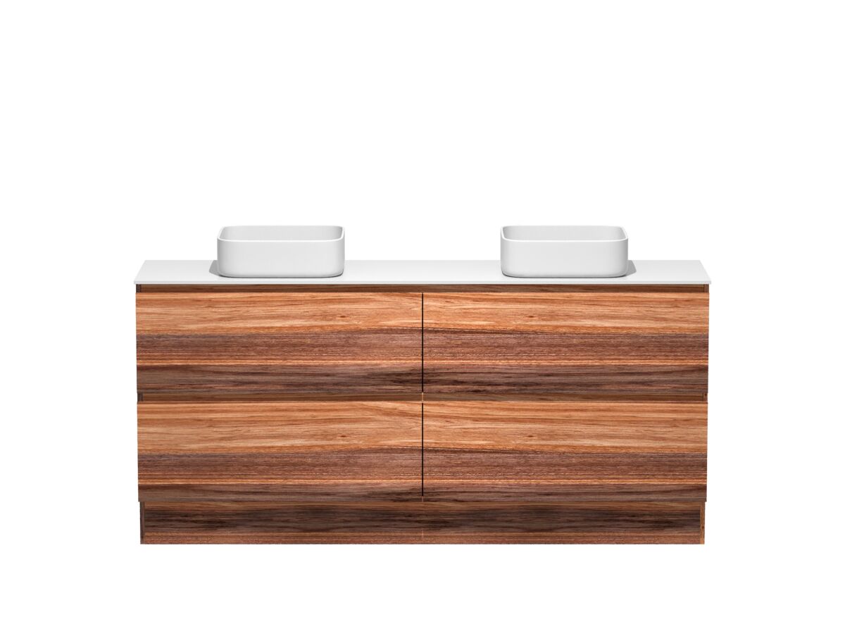 reece Kado Arc Timber Vanity Unit with Kick 1800mm Double Bowl Corian Top Red Tulip