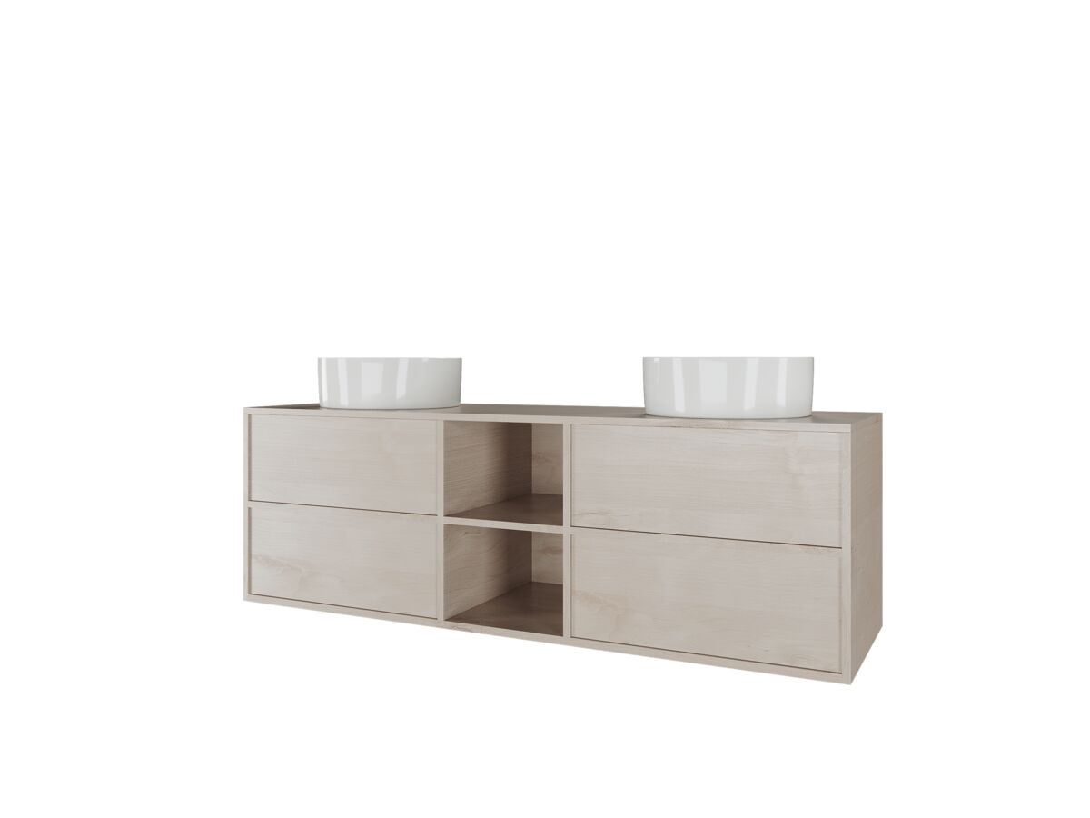 Reece Kado Aspect 1500mm Wall Hung Vanity Unit With Shelf Double Bowl Timber Top
