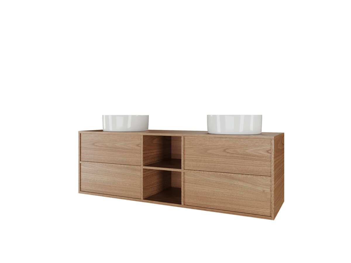 Reece Kado Aspect 1500mm Wall Hung Vanity Unit With Shelf Double Bowl Timber Top