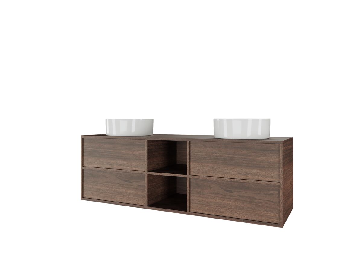 Reece Kado Aspect 1500mm Wall Hung Vanity Unit With Shelf Double Bowl Timber Top
