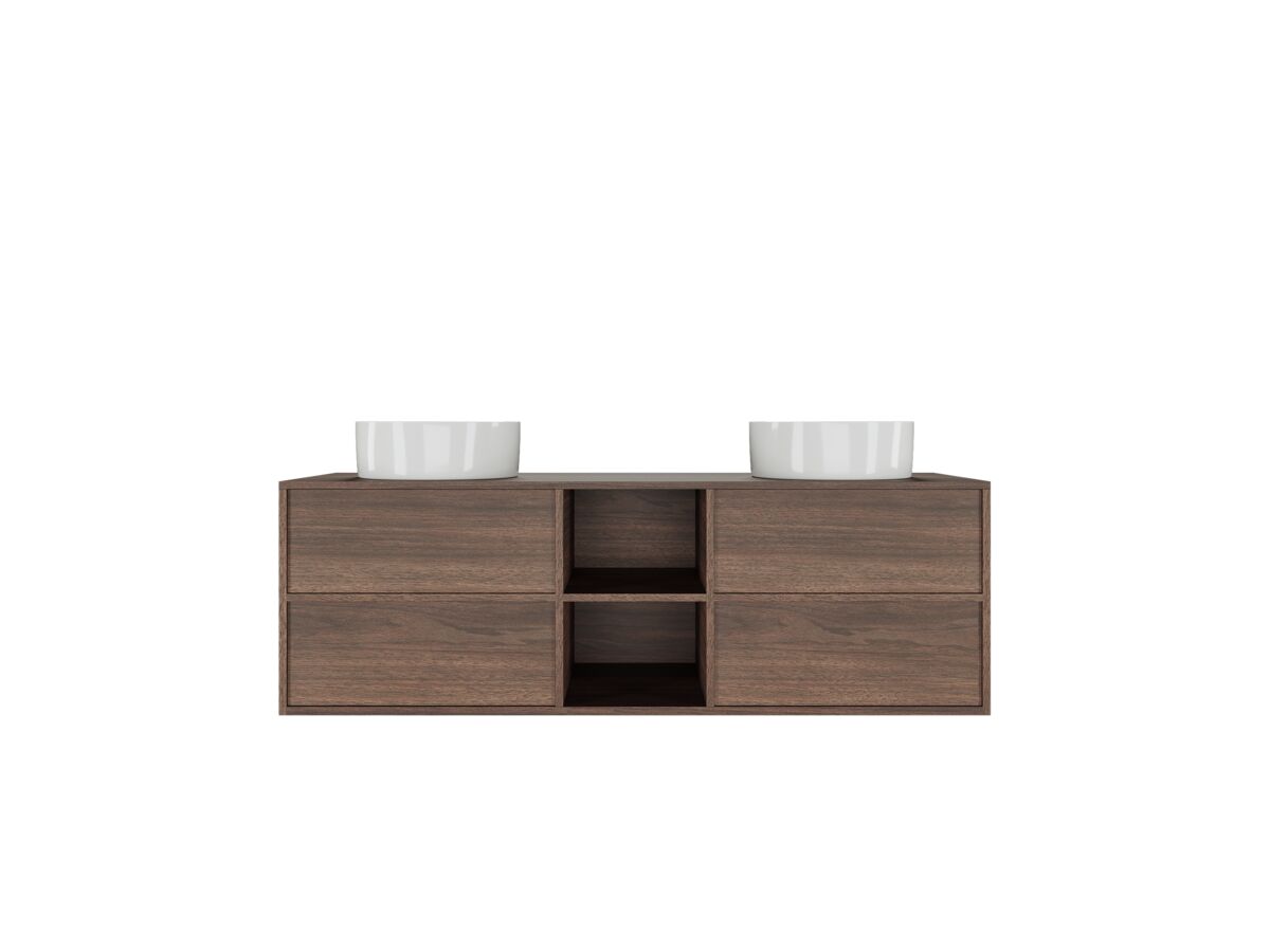 reece Kado Aspect 1500mm Wall Hung Vanity Unit with Shelf Double Bowl Timber Top
