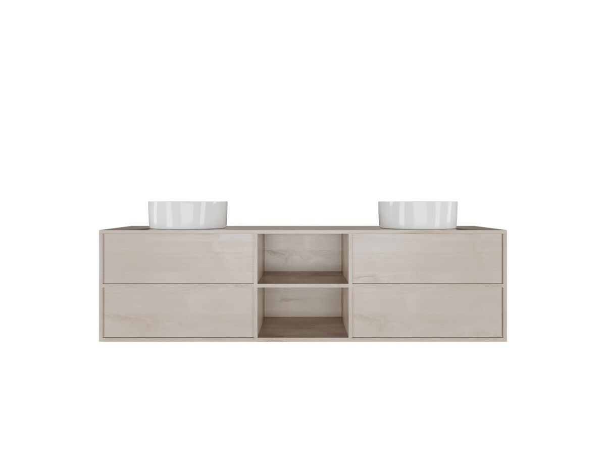 reece Kado Aspect 1800mm Wall Hung Vanity Unit with Shelf Double Bowl Timber Top