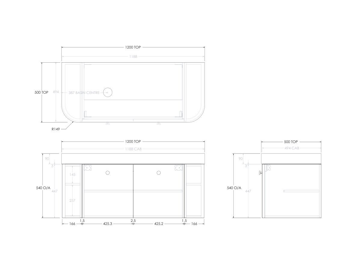 Reece Kado Era Double Curve All Door 1200mm Wall Hung Vanity Left Hand Basin 90mm Durasein Top