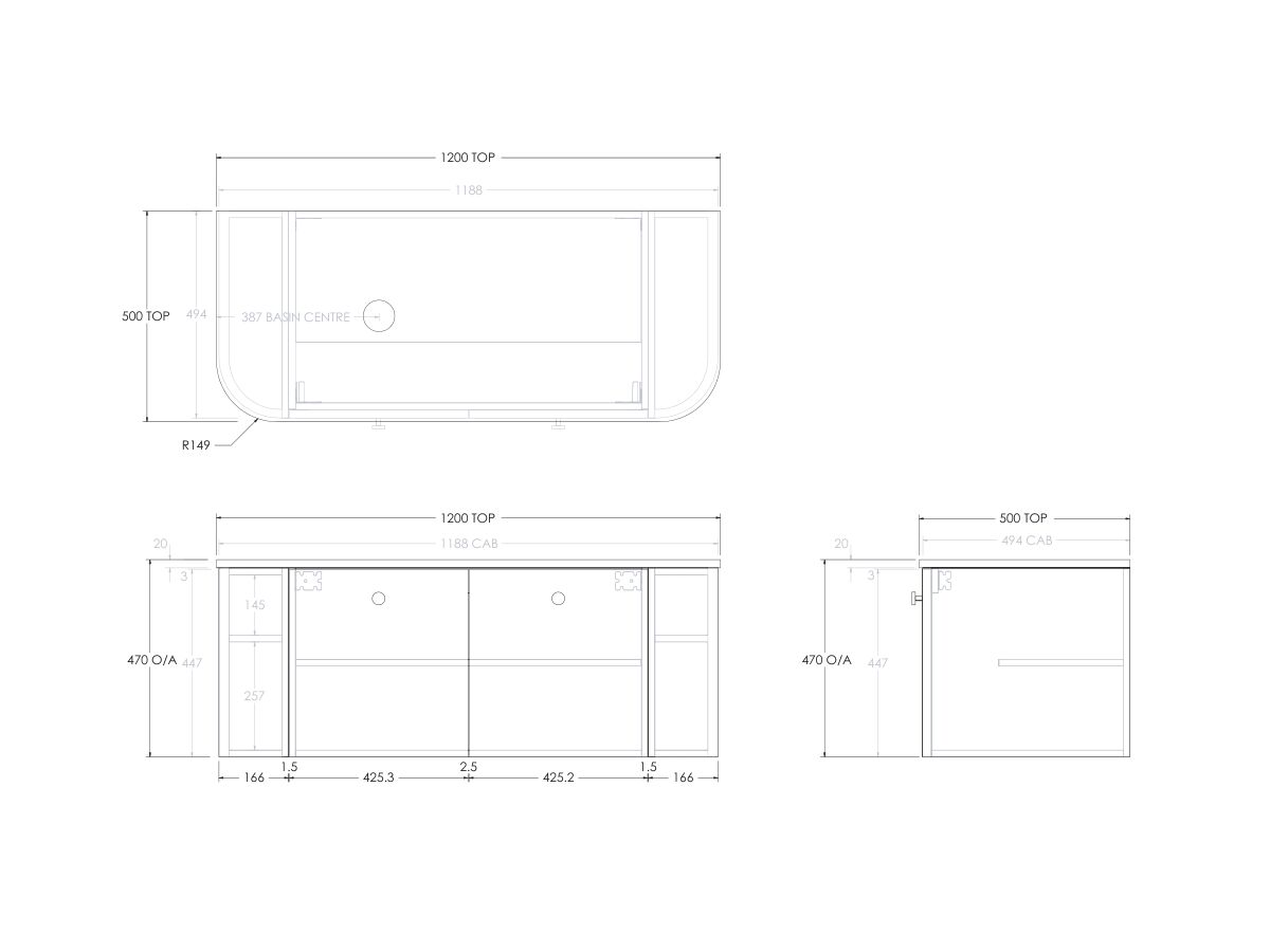 Reece Kado Era Double Curve All Door 1200mm Wall Hung Vanity With Left Hand Basin 20mm Caesarstone Mineral Top