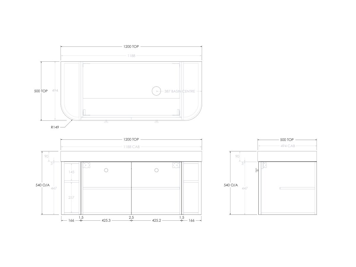 Reece Kado Era Double Curve All Door 1200mm Wall Hung Vanity Right Hand Basin 90mm Durasein Top