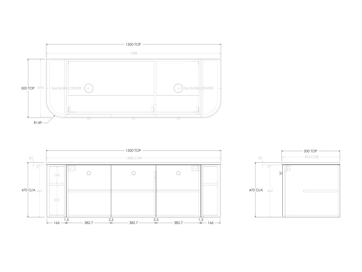 Reece Kado Era Double Curve All Door 1500mm Wall Hung Vanity With Double Basin 20mm Caesarstone Mineral Top