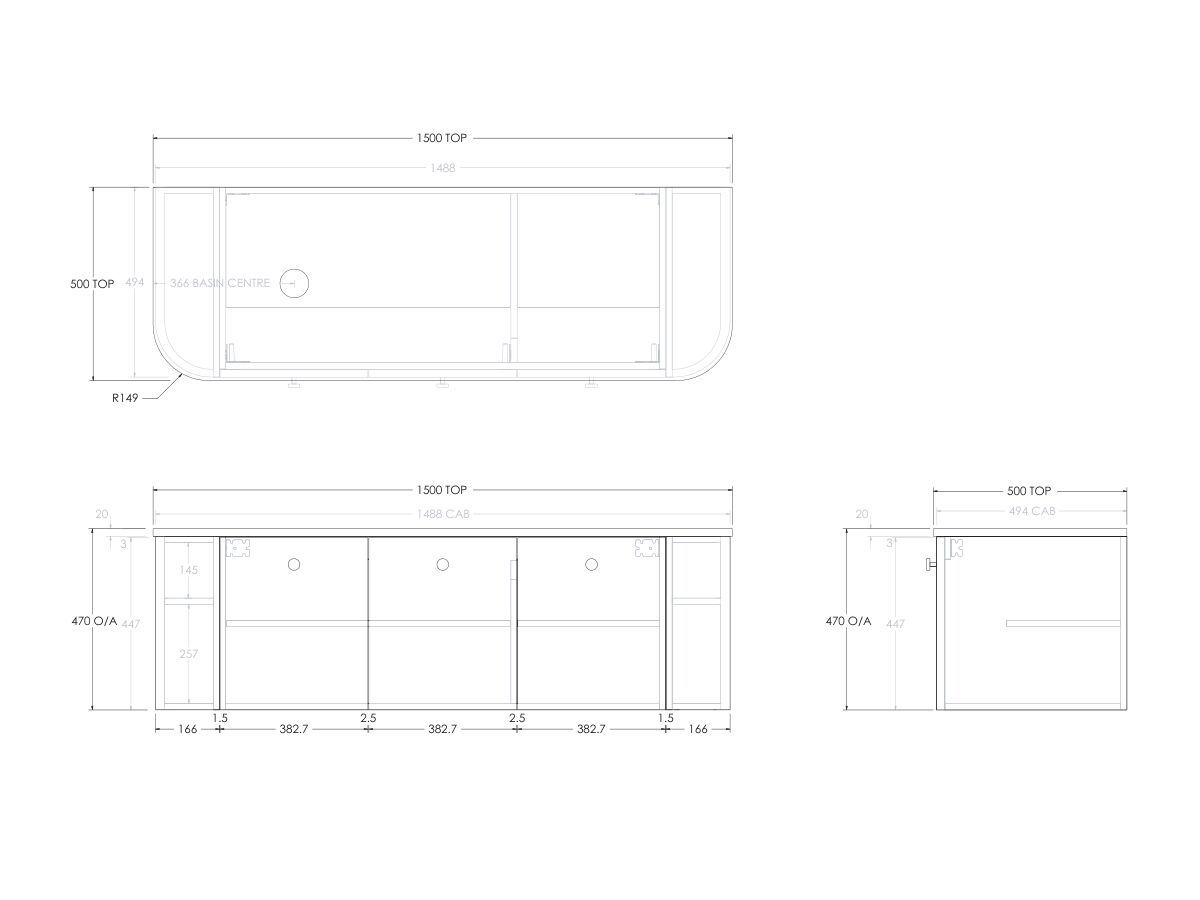 Reece Kado Era Double Curve All Door 1500mm Wall Hung Vanity With Left Hand Basin 20mm Caesarstone Mineral Top