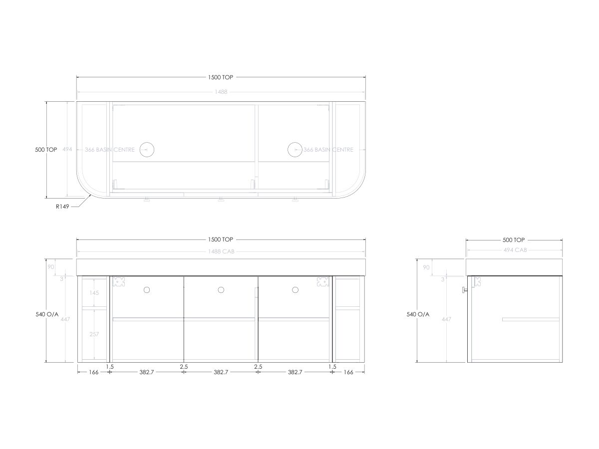 Reece Kado Era Double Curve All Door 1500mm Wall Hung Vanity Double Basin 90mm Durasein Top