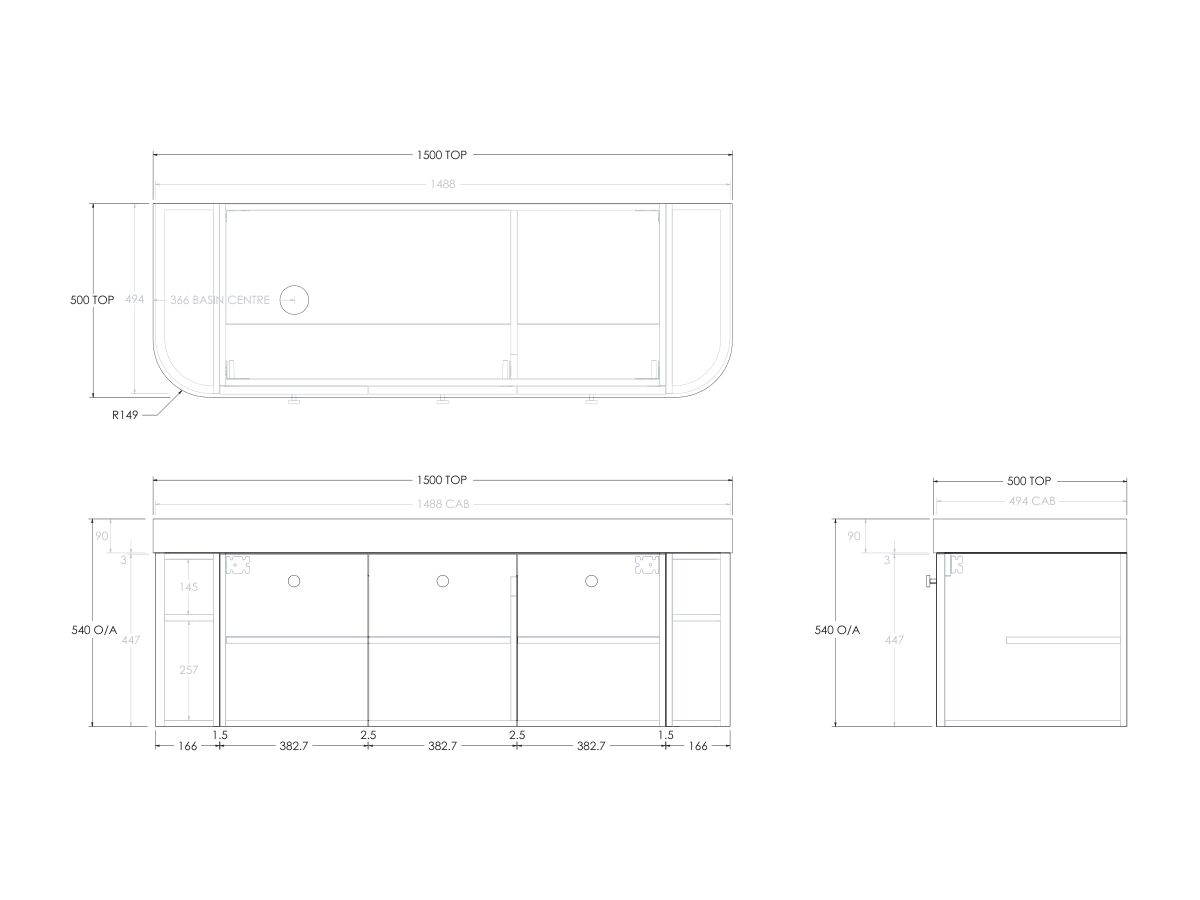 Reece Kado Era Double Curve All Door 1500mm Wall Hung Vanity Left Hand Basin 90mm Durasein Top