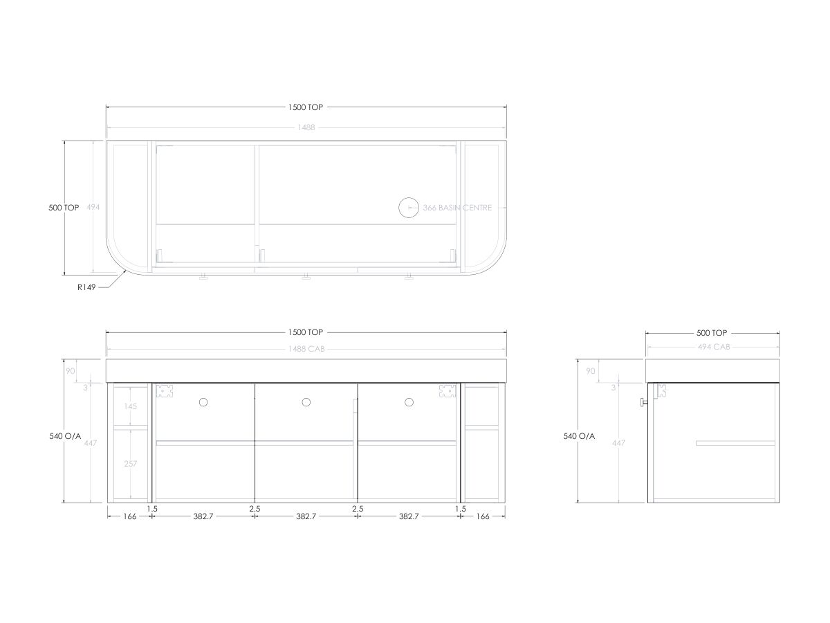 Reece Kado Era Double Curve All Door 1500mm Wall Hung Vanity Right Hand Basin 90mm Durasein Top