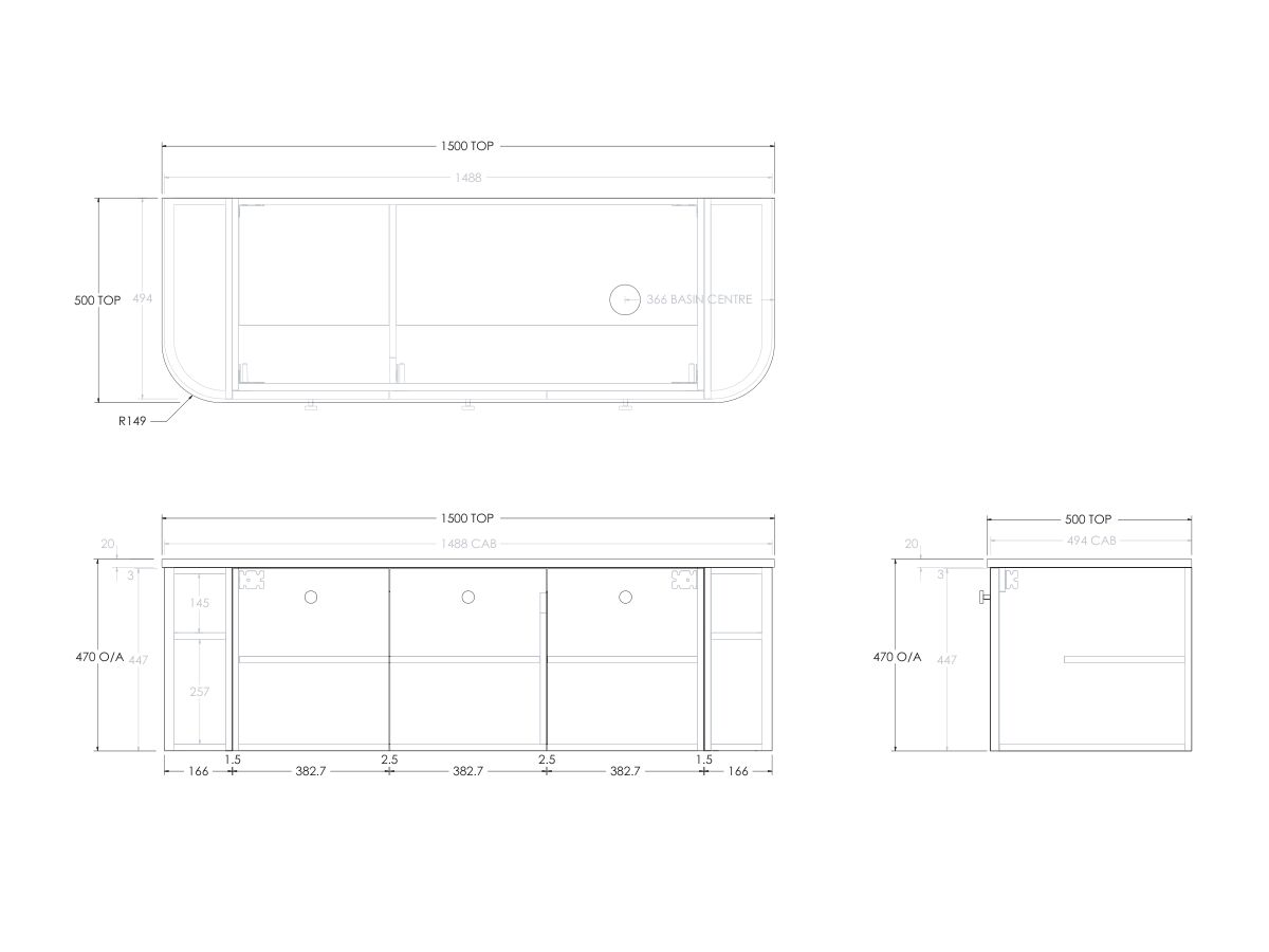 Reece Kado Era Double Curve All Door 1500mm Wall Hung Vanity With Right Hand Basin 20mm Cherry Pie Top