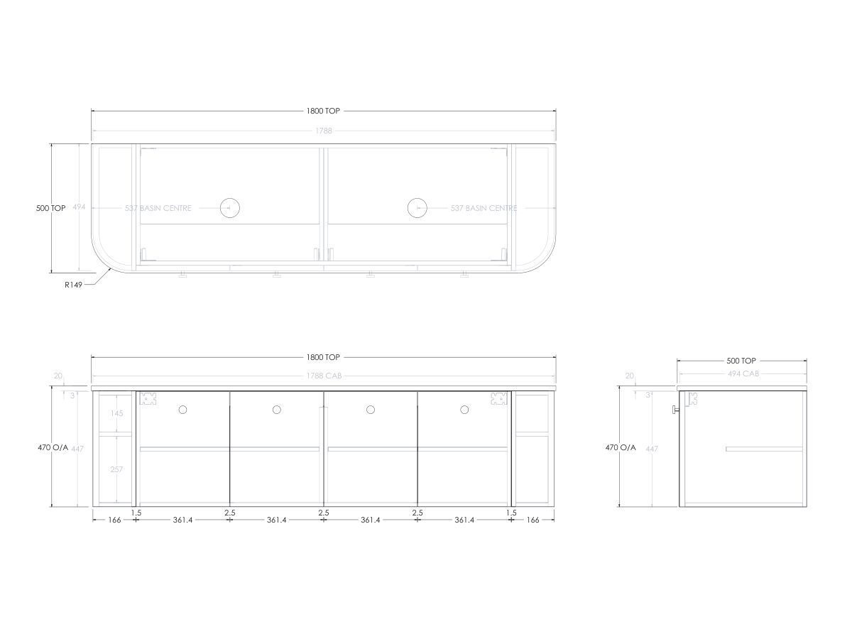 Reece Kado Era Double Curve All Door 1800mm Wall Hung Vanity With Double Basin 20mm Caesarstone Mineral Top
