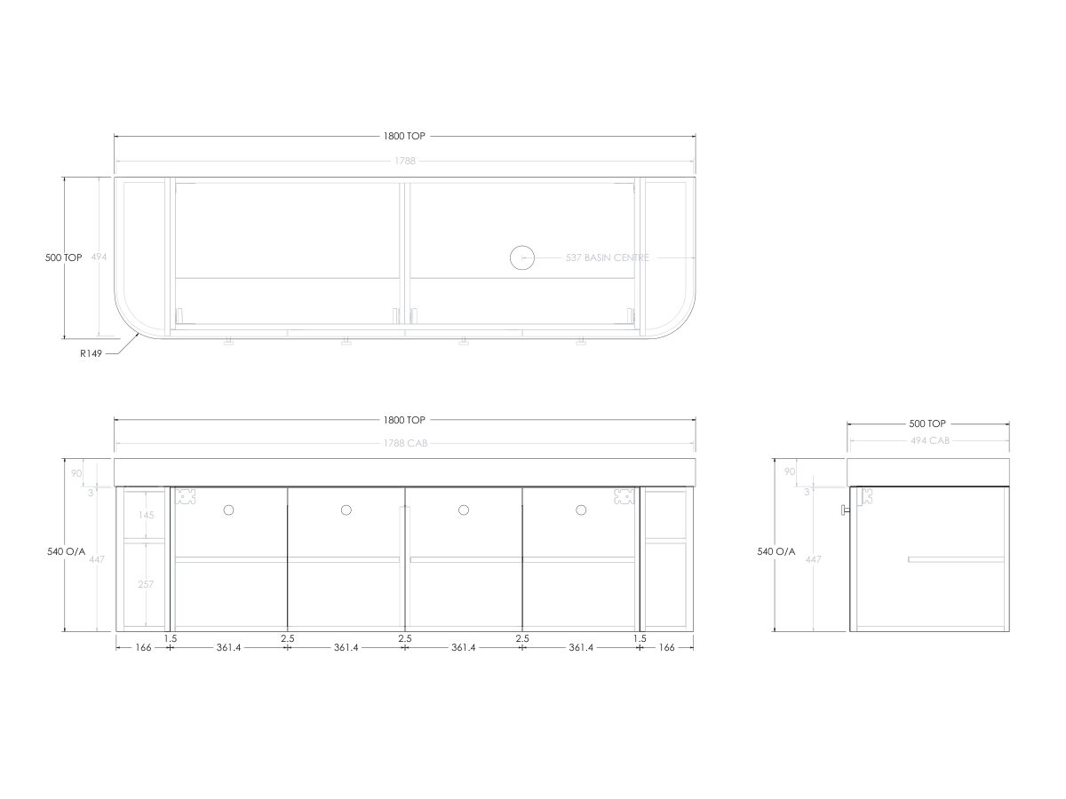 Reece Kado Era Double Curve All Door 1800mm Wall Hung Vanity Right Hand Basin 90mm Durasein Top