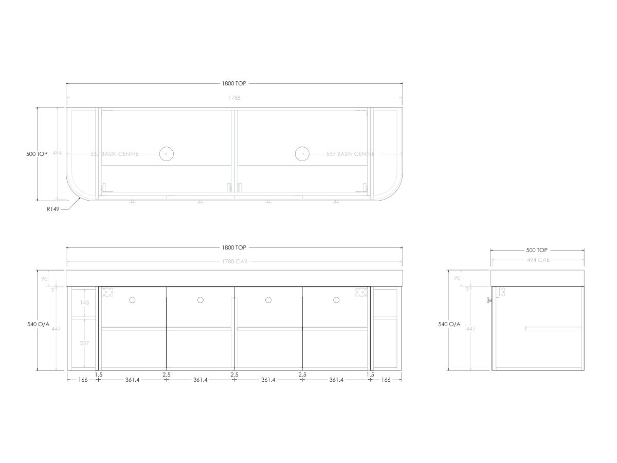 Reece Kado Era Double Curve All Door 1800mm Wall Hung Vanity Double Basin 90mm Durasein Top
