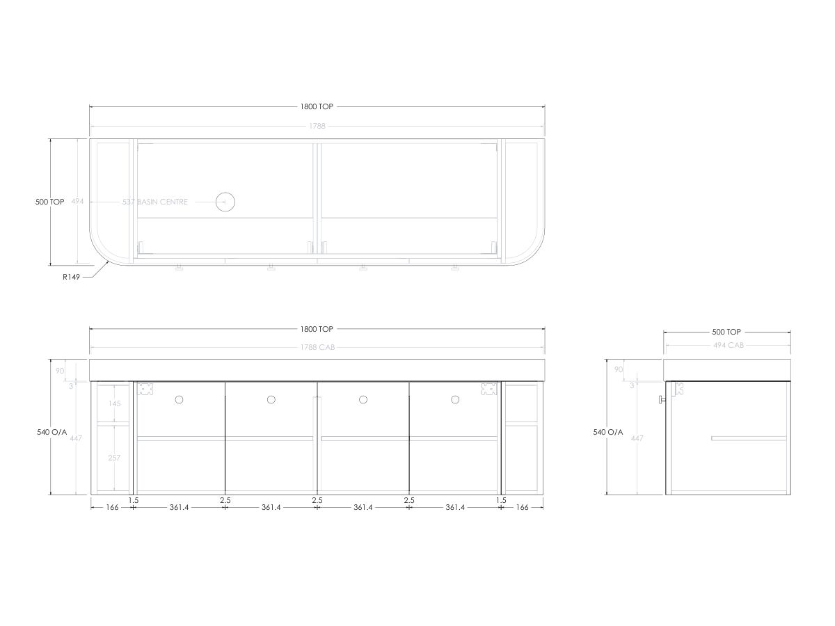 Reece Kado Era Double Curve All Door 1800mm Wall Hung Vanity Left Hand Basin 90mm Durasein Top