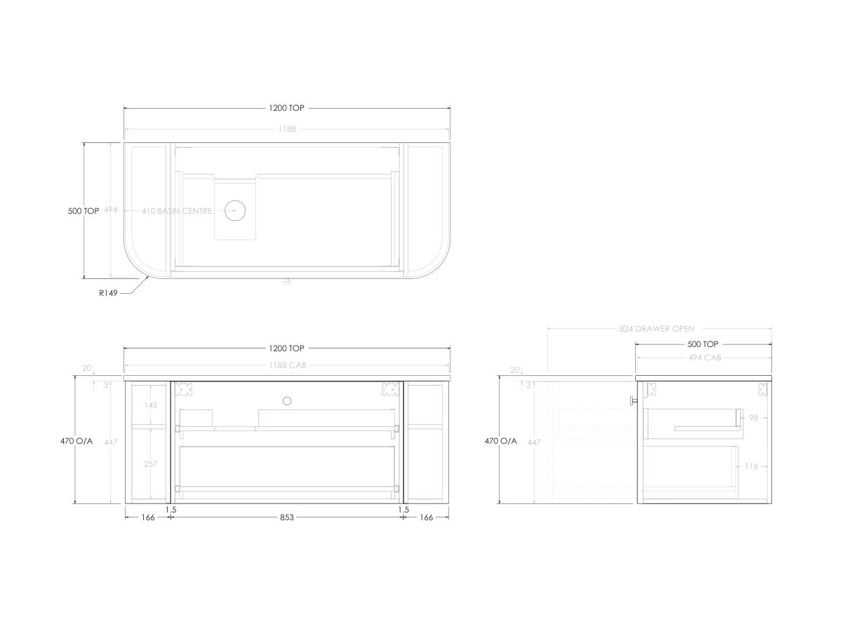 Reece Kado Era Double Curve All Drawer 1200mm Wall Hung Vanity With Left Hand Basin 20mm Cherry Pie Top