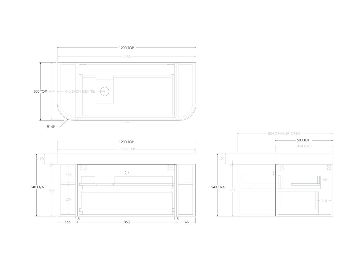 Reece Kado Era Double Curve All Drawer 1200mm Wall Hung Vanity Left Hand Basin 90mm Durasein Top