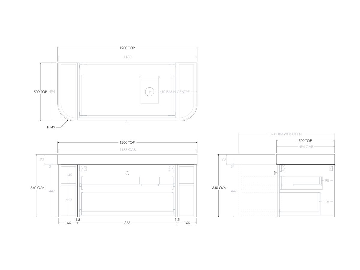 Reece Kado Era Double Curve All Drawer 1200mm Wall Hung Vanity Right Hand Basin 90mm Durasein Top