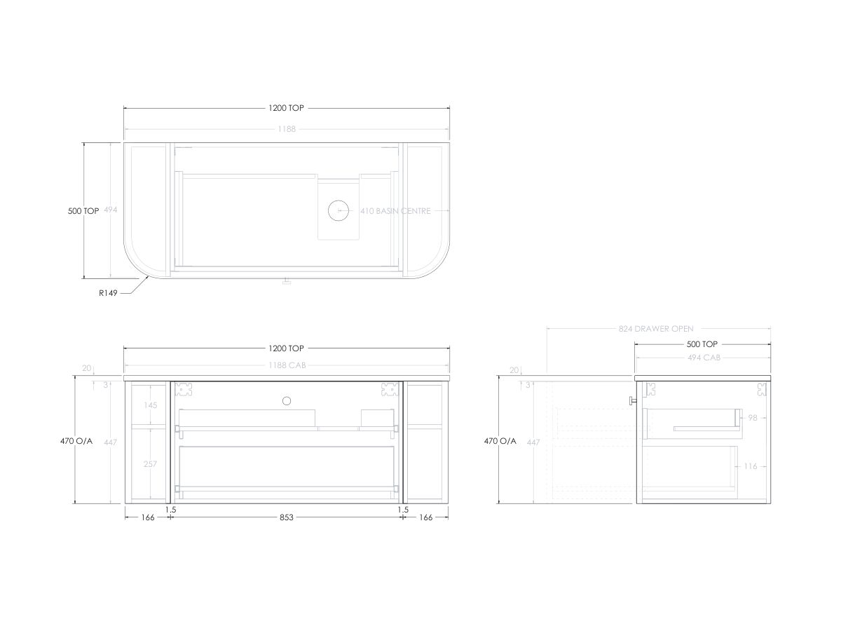 Reece Kado Era Double Curve All Drawer 1200mm Wall Hung Vanity With Right Hand Basin 20mm Cherry Pie Top