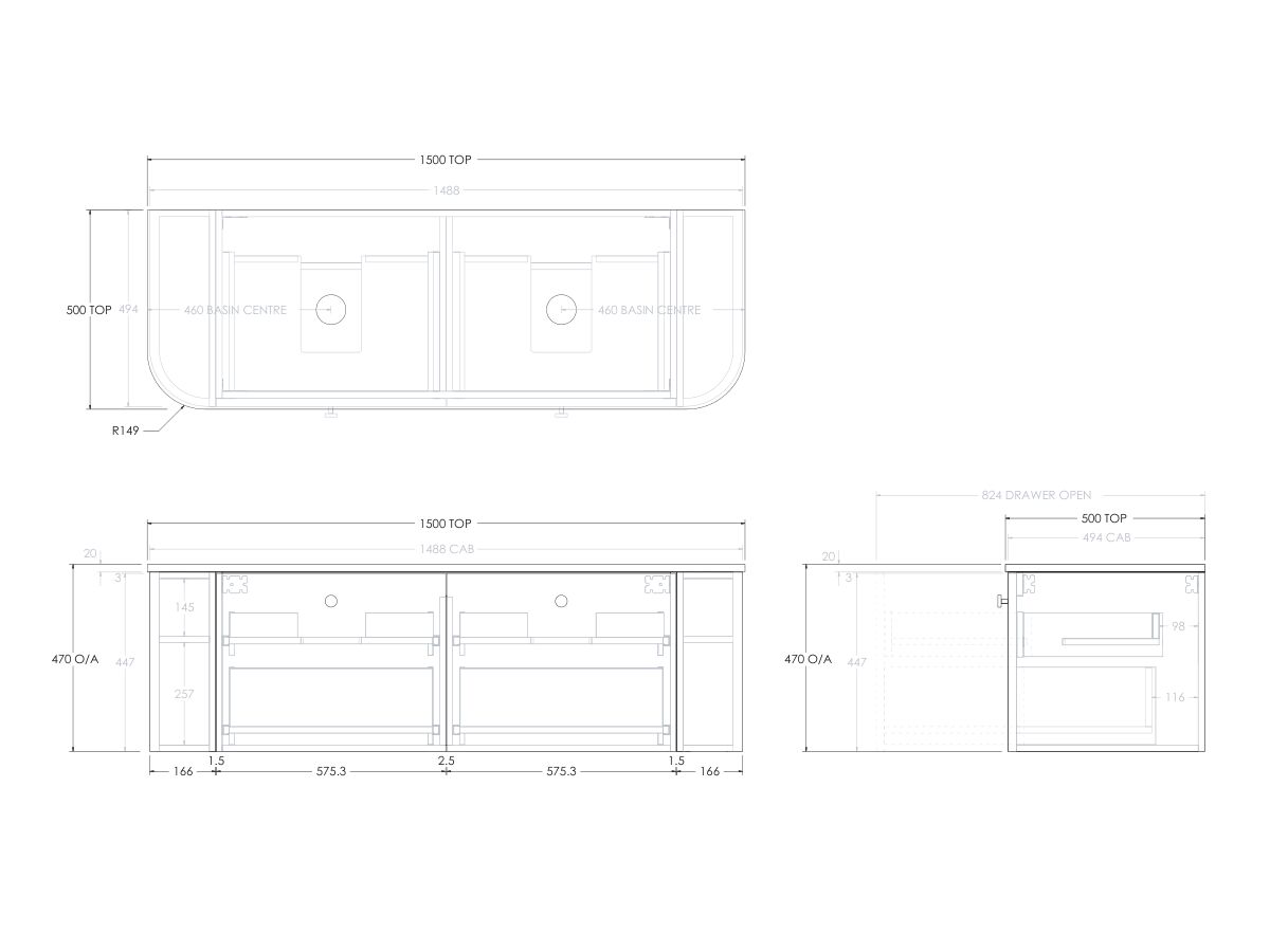Reece Kado Era Double Curve All Drawer 1500mm Wall Hung Vanity With Double Basin 20mm Cherry Pie Top