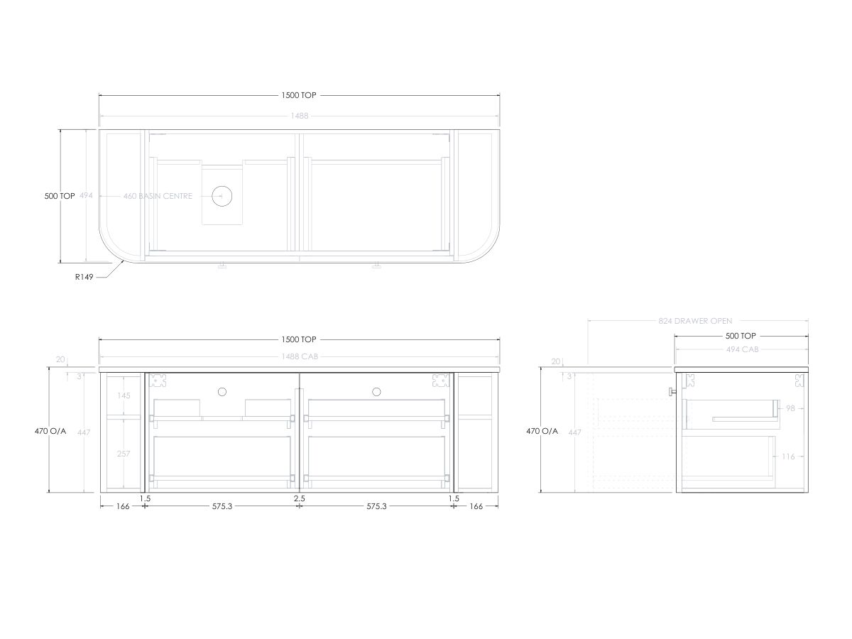 Reece Kado Era Double Curve All Drawer 1500mm Wall Hung Vanity With Left Hand Basin 20mm Caesarstone Mineral Top