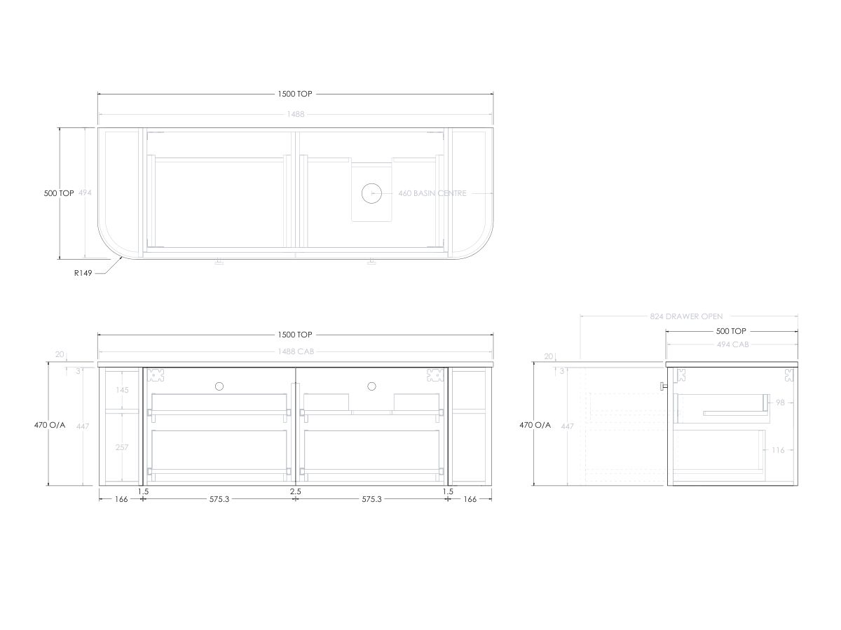 Reece Kado Era Double Curve All Drawer 1500mm Wall Hung Vanity With Right Hand Basin 20mm Cherry Pie Top