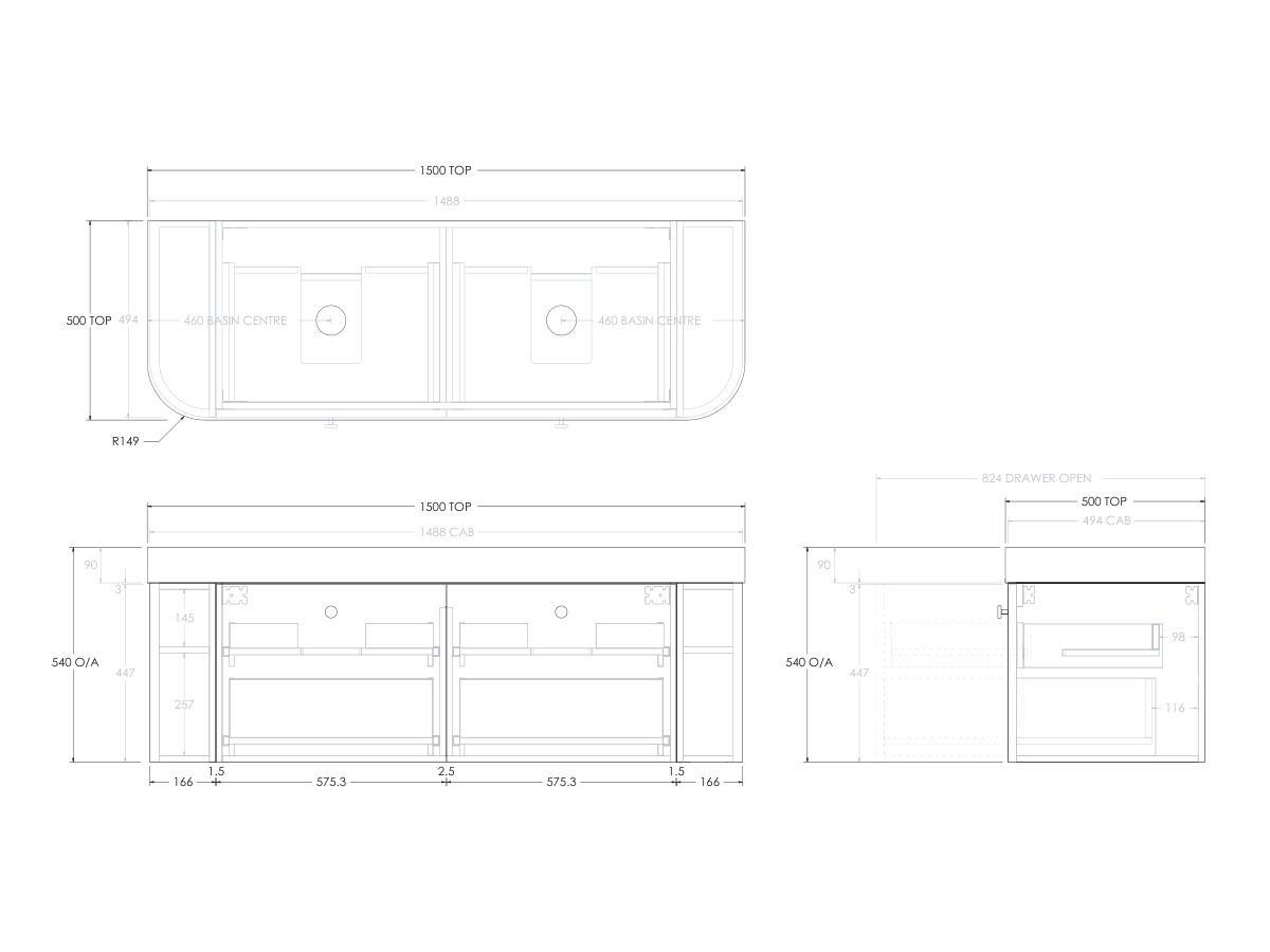 Reece Kado Era Double Curve All Drawer 1500mm Wall Hung Vanity Double Basin 90mm Durasein Top