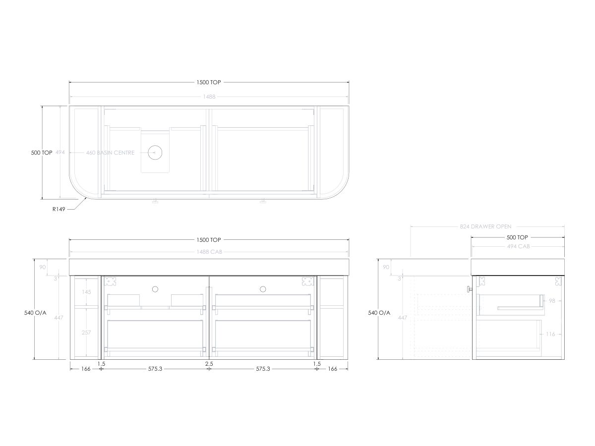 Reece Kado Era Double Curve All Drawer 1500mm Wall Hung Vanity Left Hand Basin 90mm Durasein Top