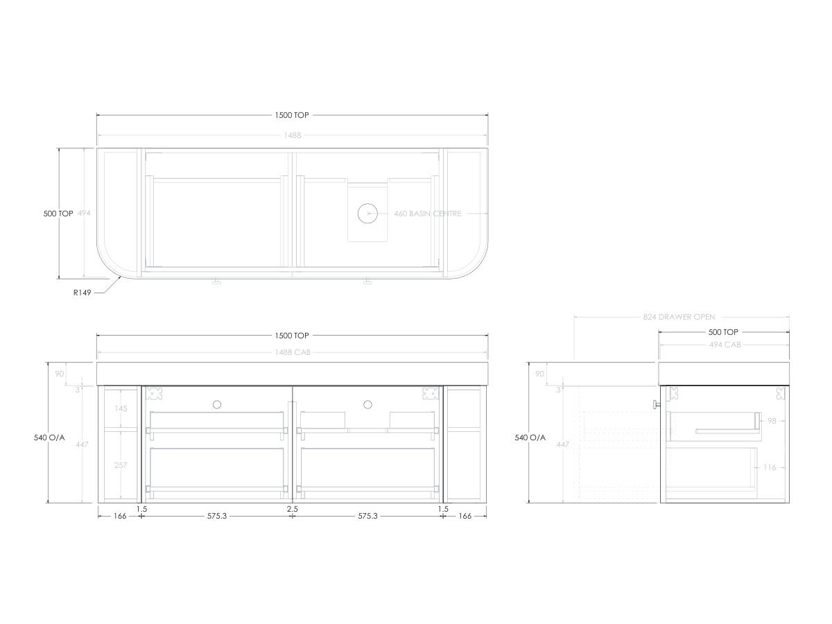 Reece Kado Era Double Curve All Drawer 1500mm Wall Hung Vanity Right Hand Basin 90mm Durasein Top