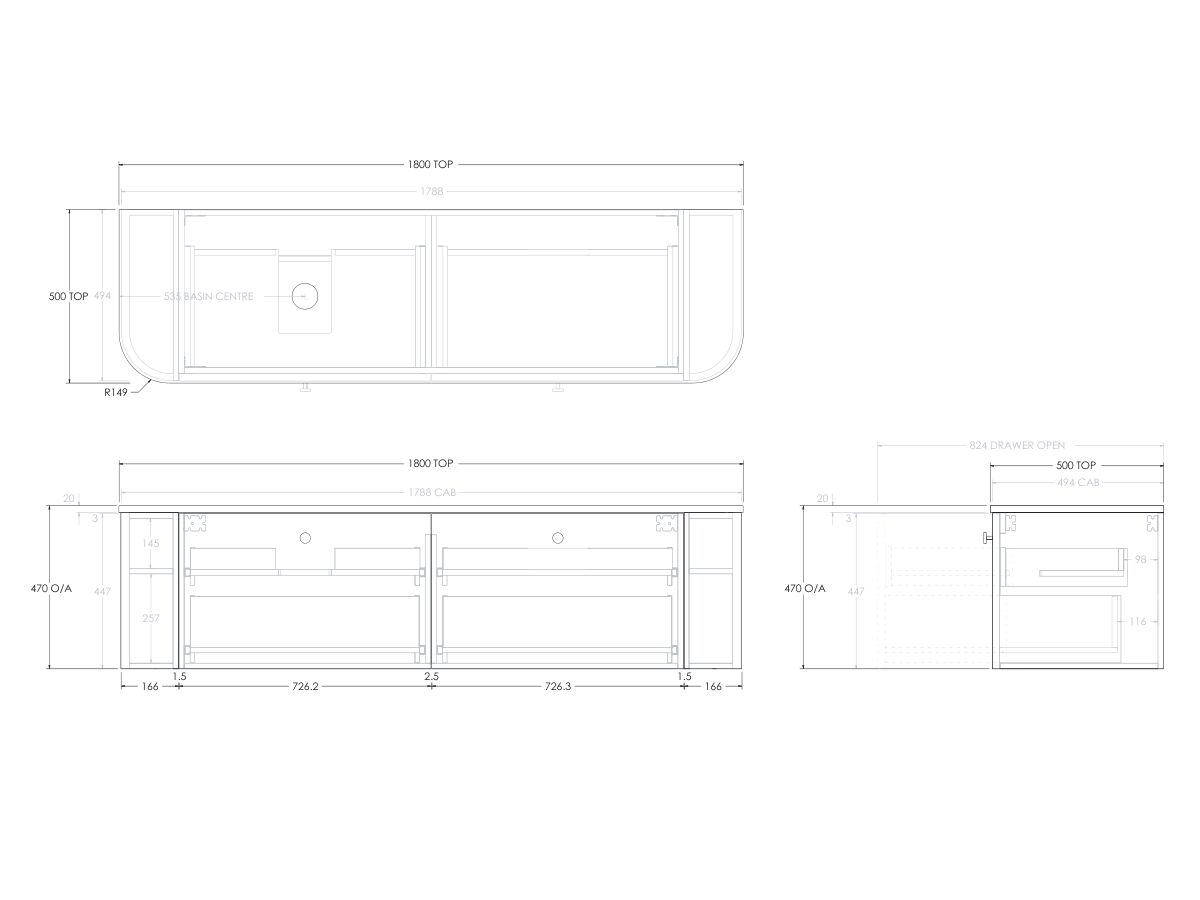 Reece Kado Era Double Curve All Drawer 1800mm Wall Hung Vanity With Left Hand Basin 20mm Cherry Pie Top