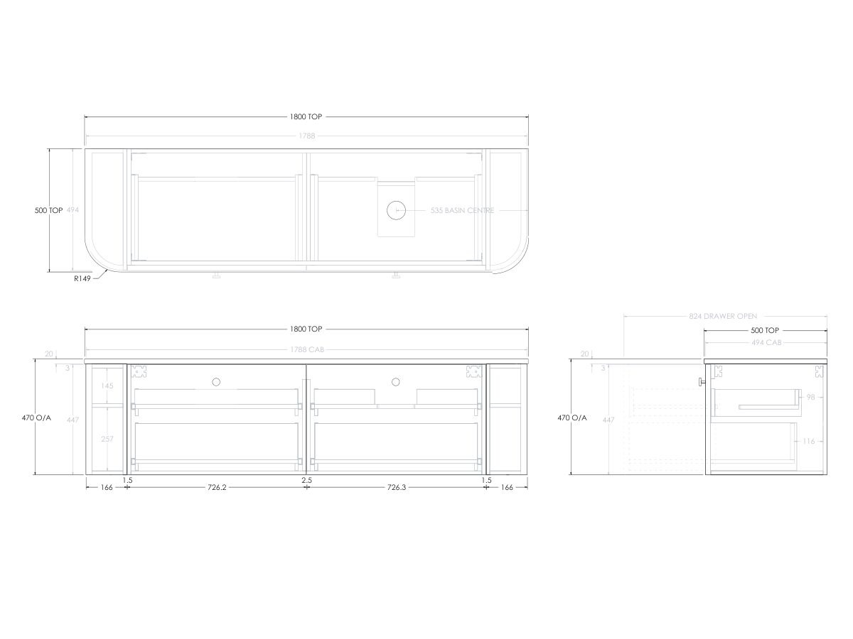 Reece Kado Era Double Curve All Drawer 1800mm Wall Hung Vanity With Right Hand Basin 20mm Cherry Pie Top