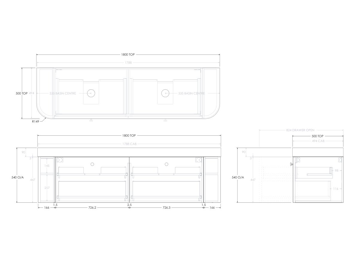 Reece Kado Era Double Curve All Drawer 1800mm Wall Hung Vanity Double Basin 90mm Durasein Top