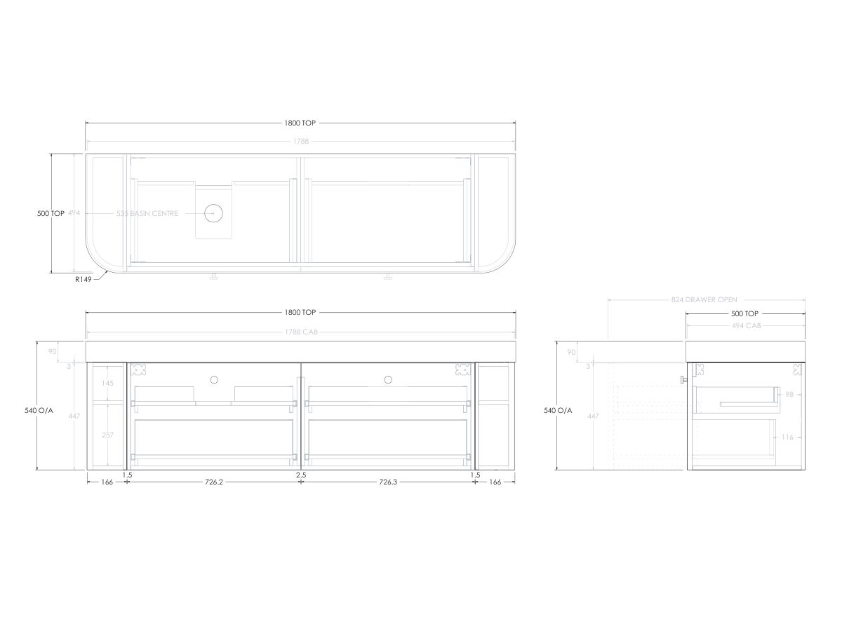 Reece Kado Era Double Curve All Drawer 1800mm Wall Hung Vanity Left Hand Basin 90mm Durasein Top