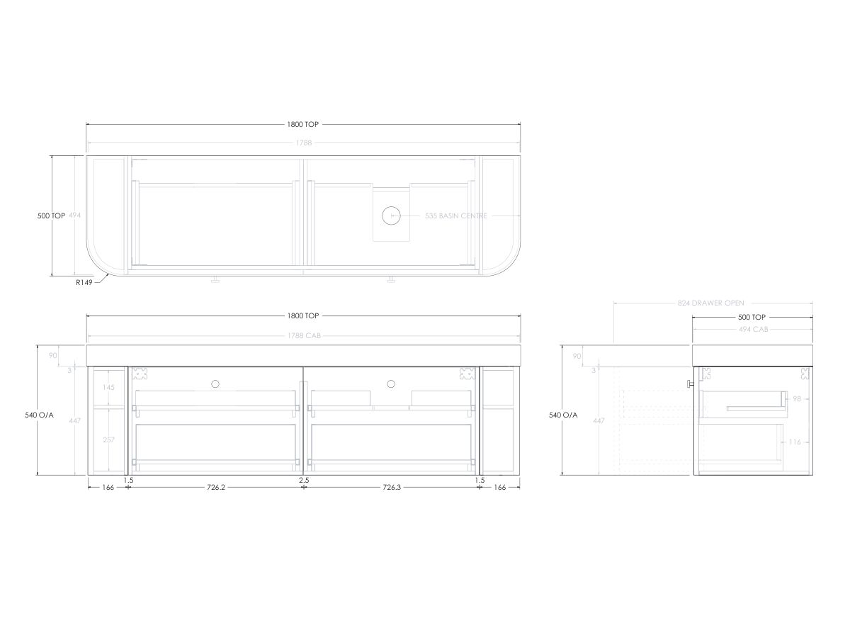 Reece Kado Era Double Curve All Drawer 1800mm Wall Hung Vanity Right Hand Basin 90mm Durasein Top