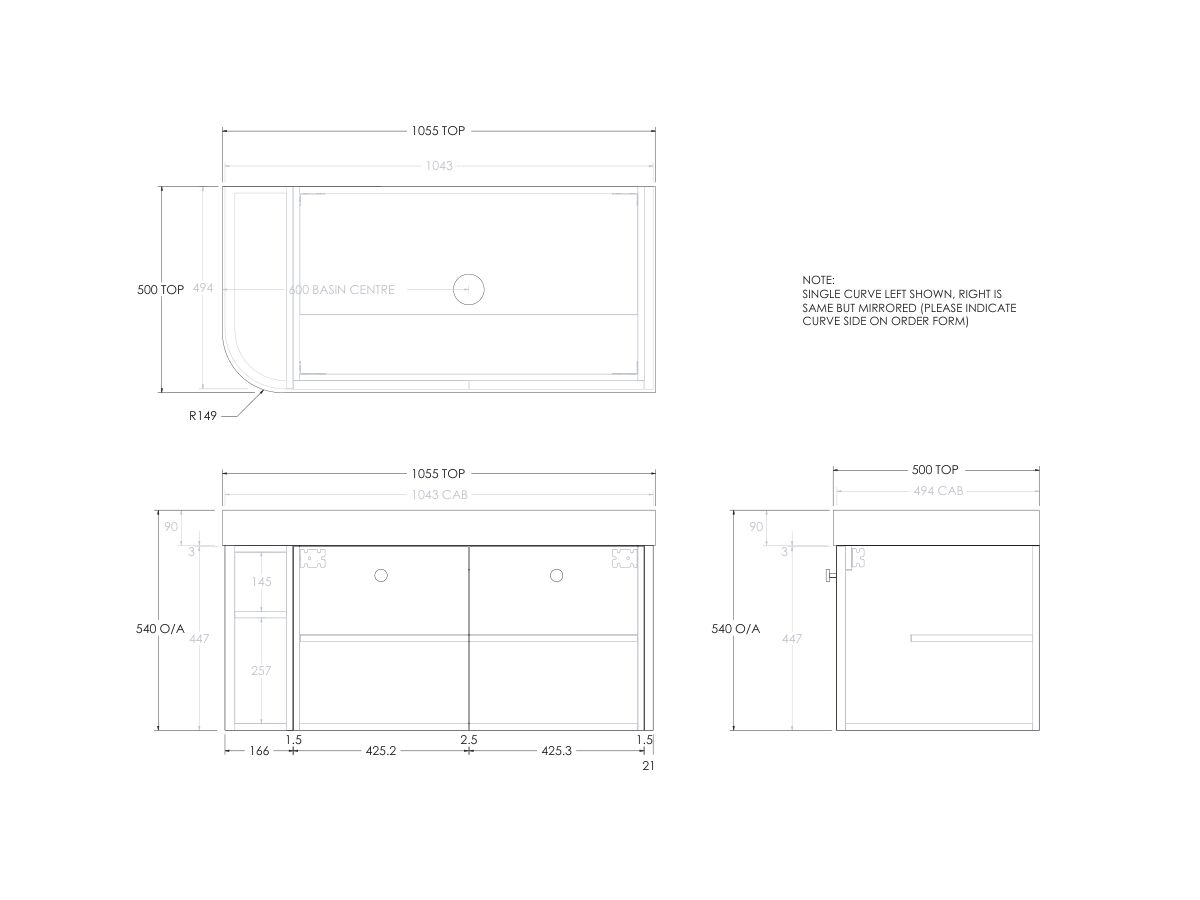Reece Kado Era Single Curve All Door 1050mm Wall Hung Vanity Centre Basin 90mm Durasein Top