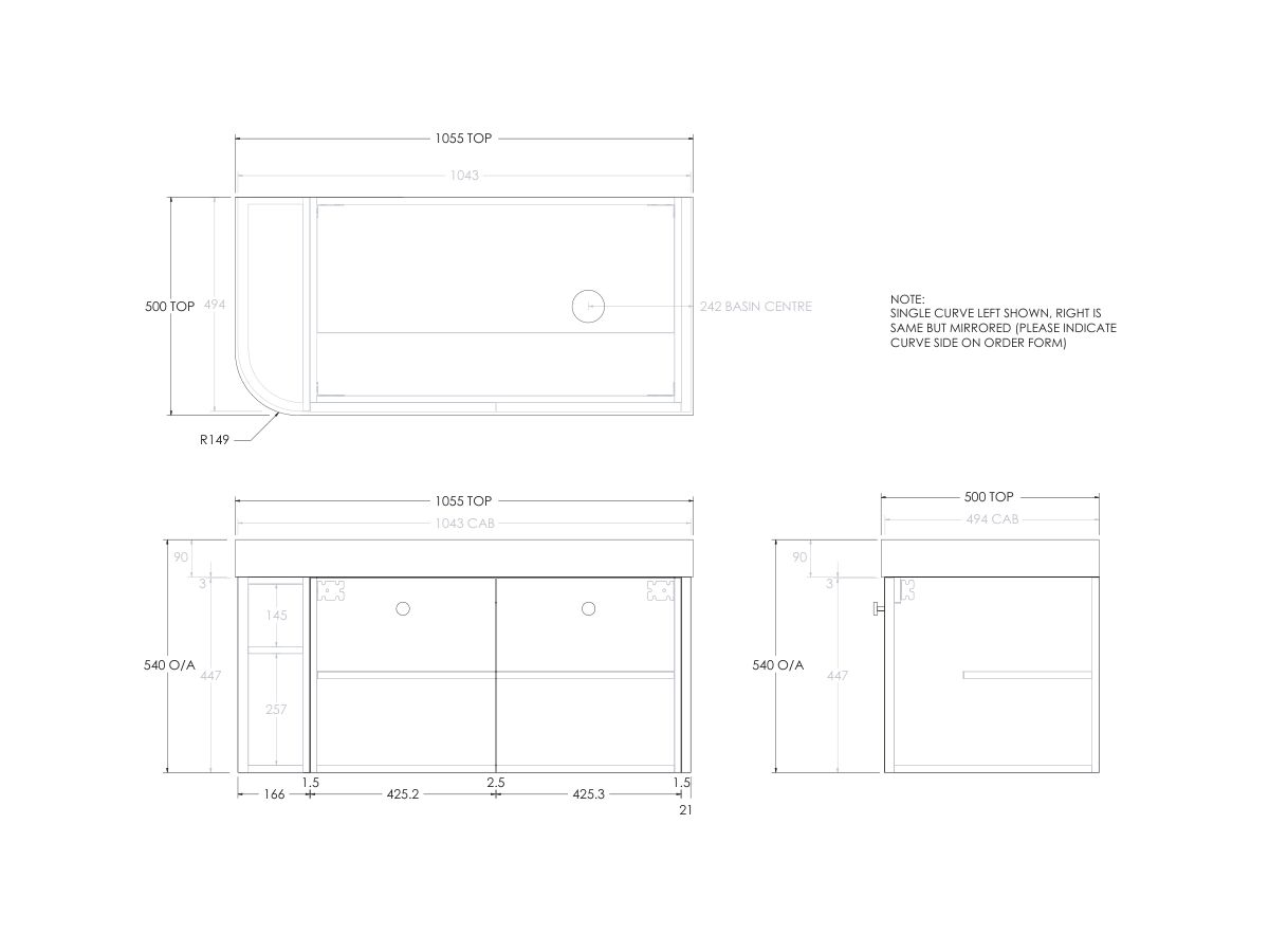 Reece Kado Era Single Curve All Door 1050mm Wall Hung Vanity Right Hand Basin 90mm Durasein Top