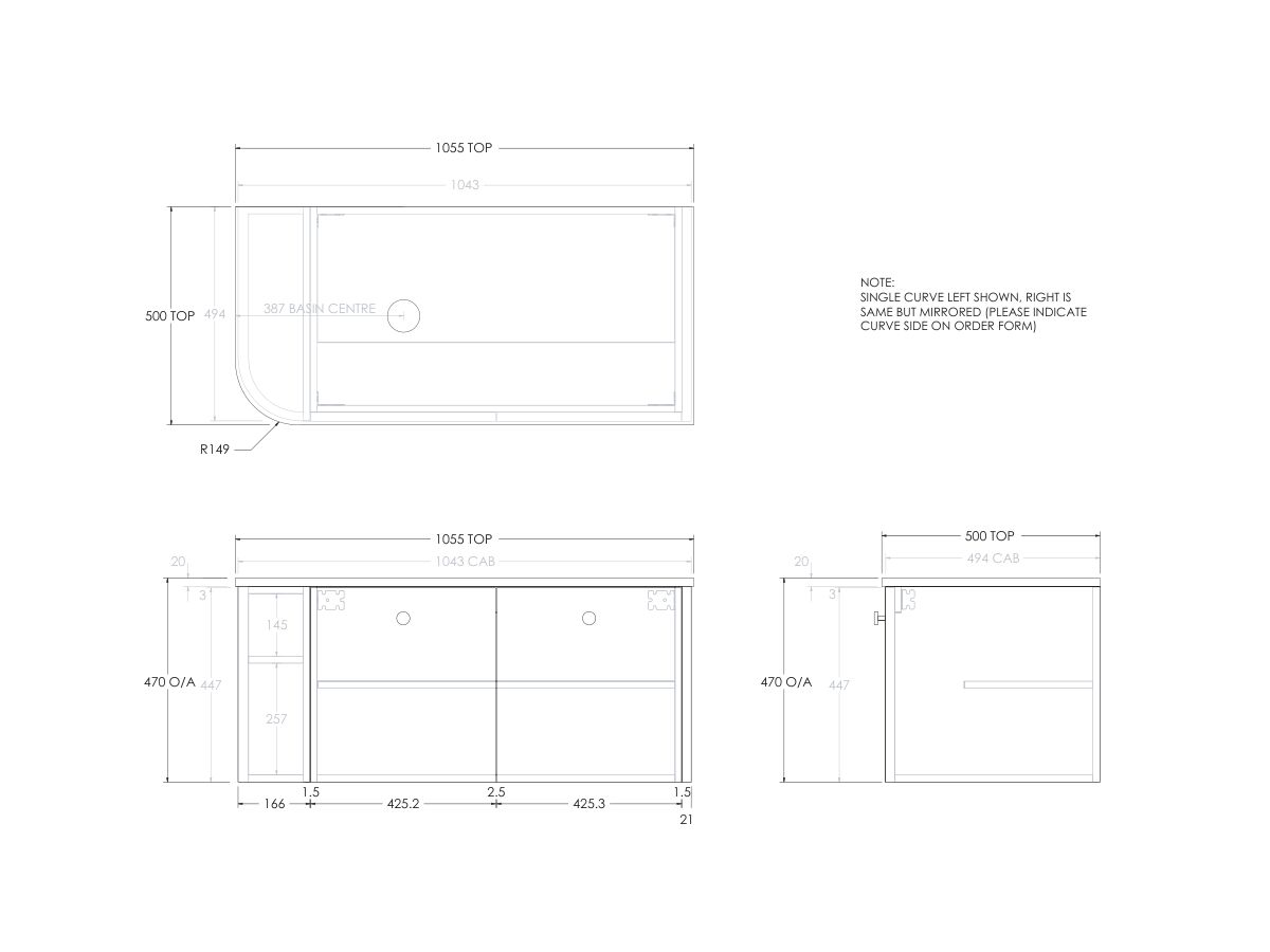 Reece Kado Era Single Curve All Door 1050mm Wall Hung Vanity With Left Hand Basin 20mm Caesarstone Mineral Top