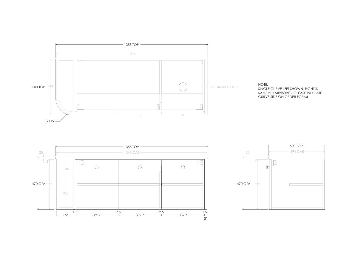 Reece Kado Era Single Curve All Door 1350mm Wall Hung Vanity With Right Hand Basin 20mm Cherry Pie Top