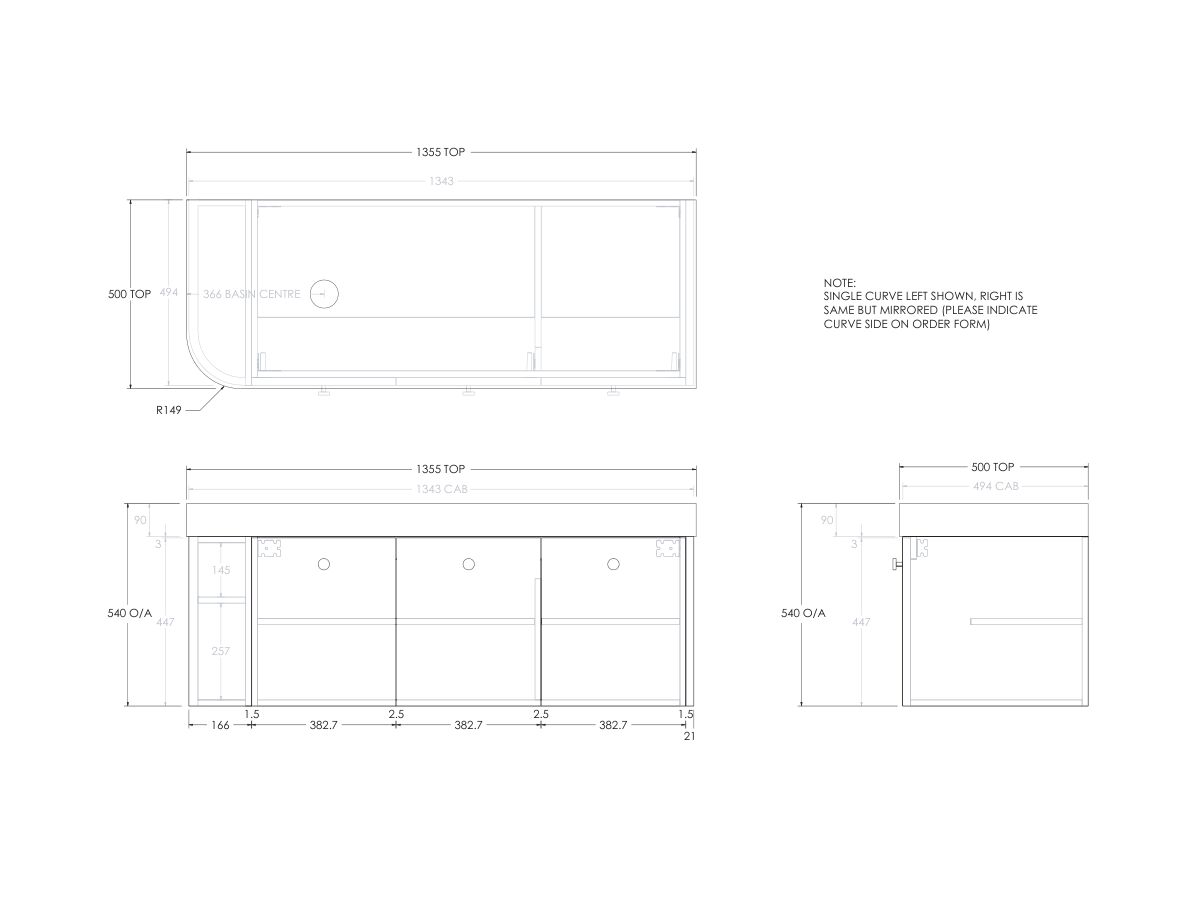 Reece Kado Era Single Curve All Door 1350mm Wall Hung Vanity Left Hand Basin 90mm Durasein Top