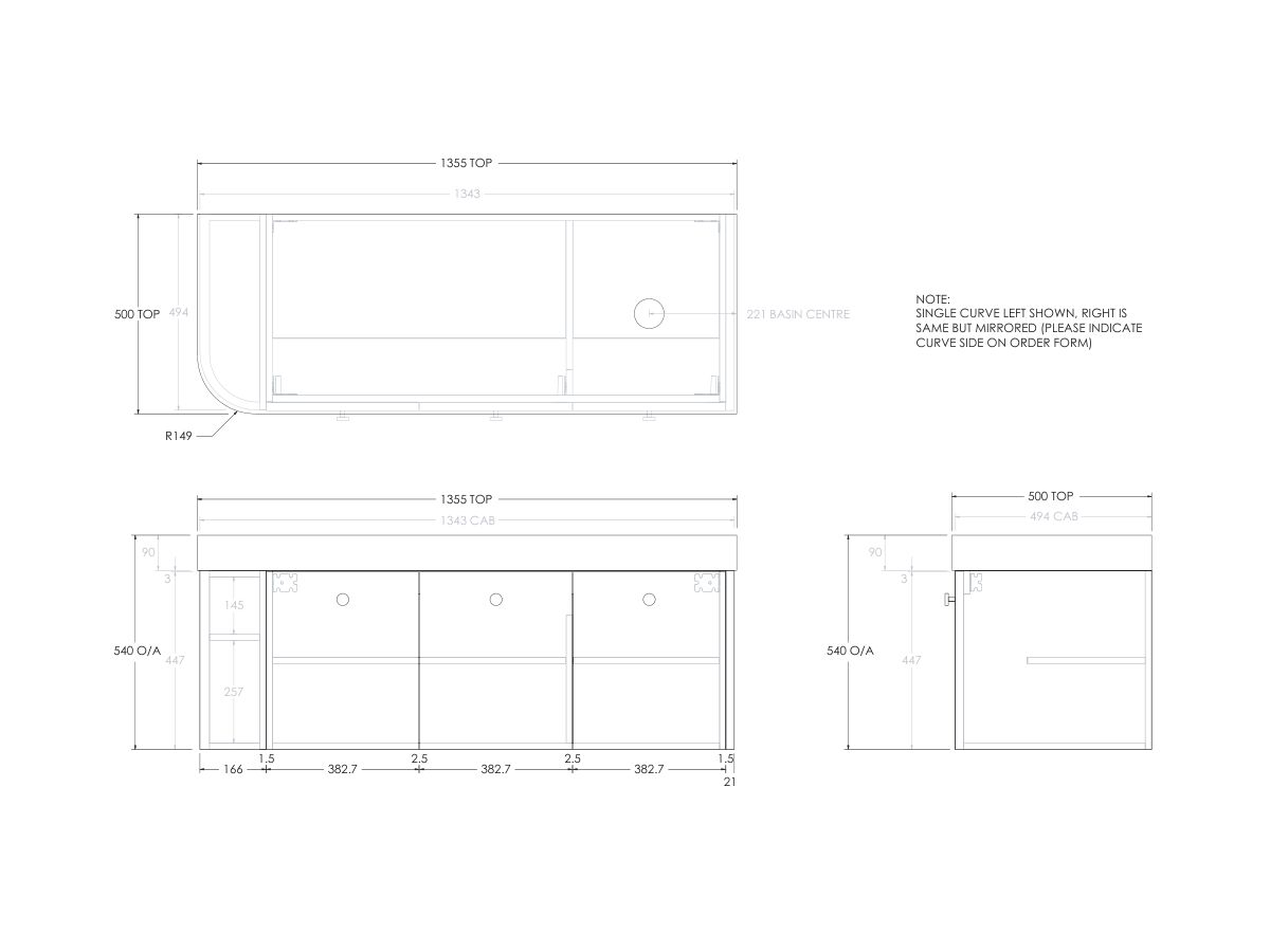 Reece Kado Era Single Curve All Door 1350mm Wall Hung Vanity Right Hand Basin 90mm Durasein Top