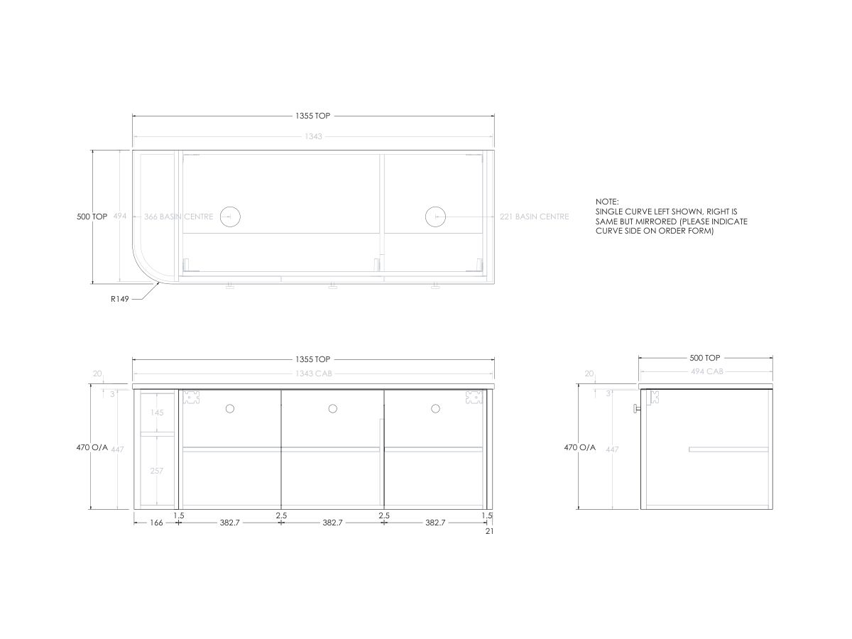 Reece Kado Era Single Curve All Door 1350mm Wall Hung Vanity With Double Basin 20mm Caesarstone Mineral Top