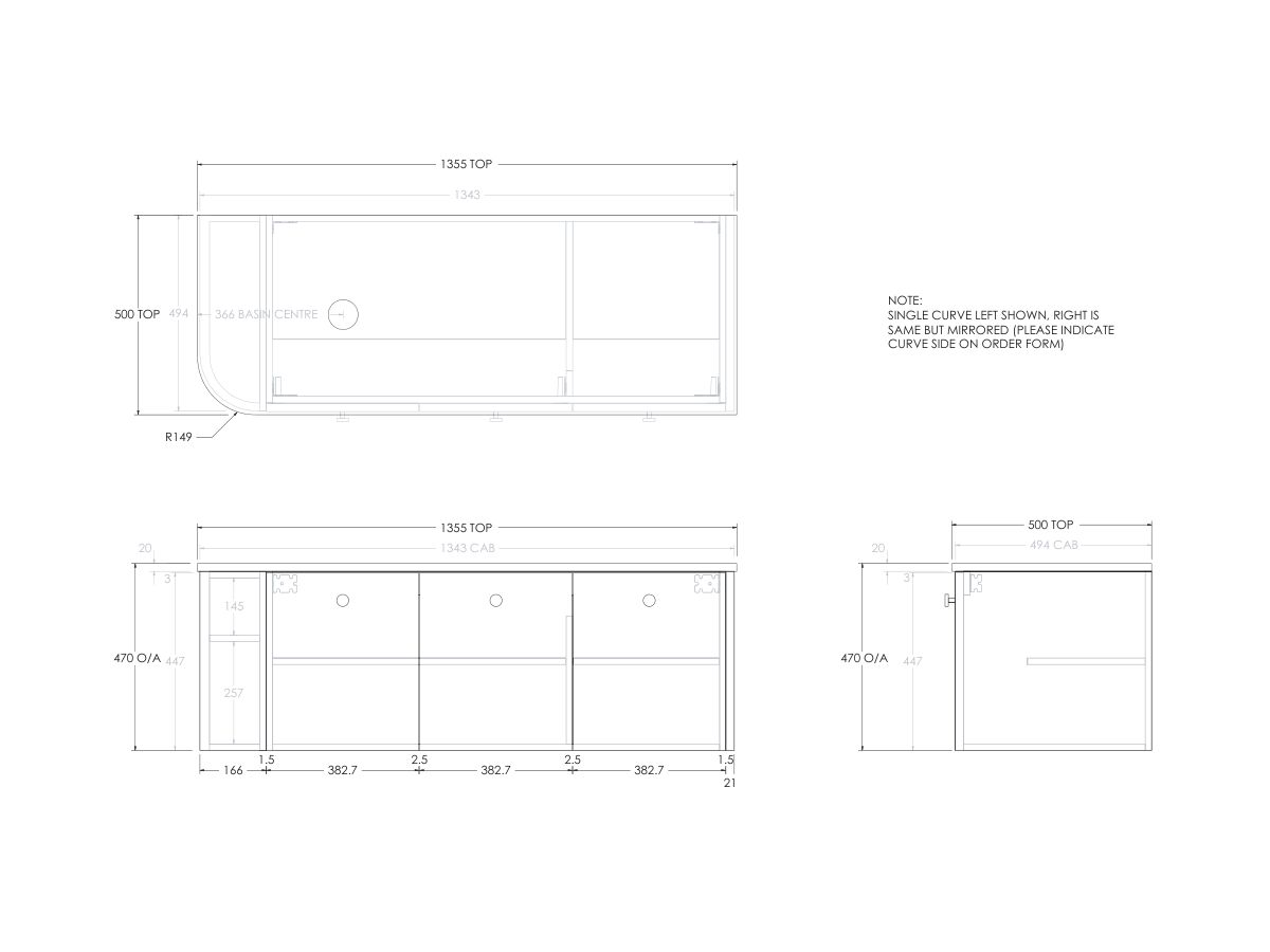 Reece Kado Era Single Curve All Door 1350mm Wall Hung Vanity With Left Hand Basin 20mm Cherry Pie Top