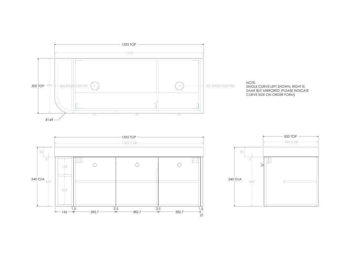 Reece Kado Era Single Curve All Door 1350mm Wall Hung Vanity Double Basin 90mm Durasein Top