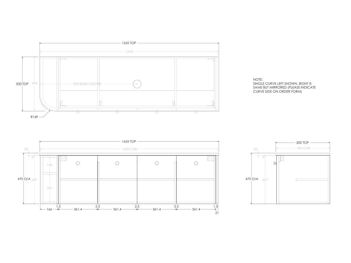 Reece Kado Era Single Curve All Door 1650mm Wall Hung Vanity With Centre Basin 20mm Cherry Pie Top
