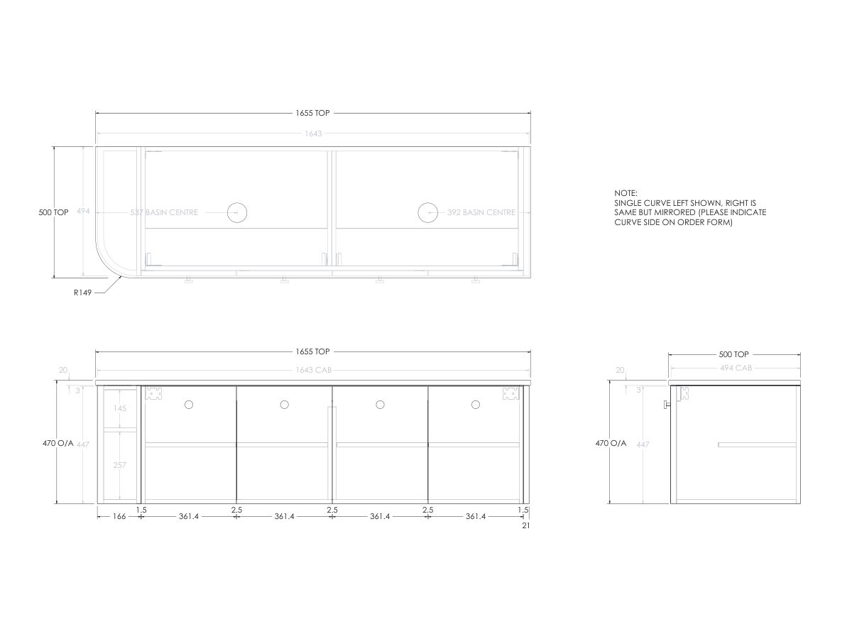 Reece Kado Era Single Curve All Door 1650mm Wall Hung Vanity With Double Basin 20mm Cherry Pie Top